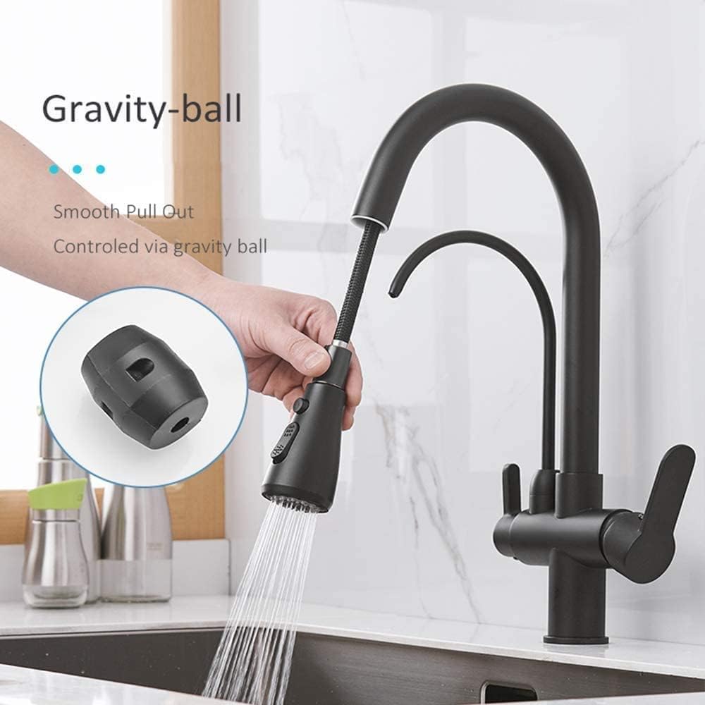 Onyzpily Wasserhahn Küche Schwarz Reines Wasser Küchenarmatur mit ausziehbar Doppelgriff Heisses und