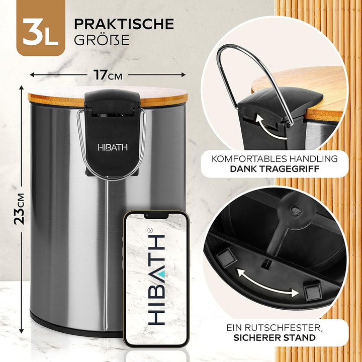 HIBATH® Kosmetikeimer aus Edelstahl mit Bambusdeckel (3 Liter, silber) - Badezimmer Abfalleimer mit