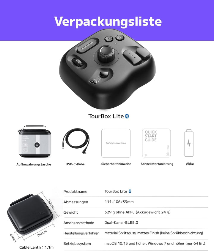 TourBox Lite, Controller Tastatur für Zeichentablett Foto Video Editing (Bluetooth Set (mit Tasche +
