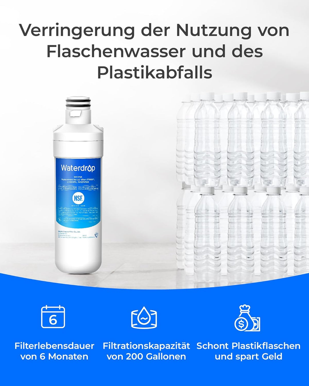 Waterdrop WD-F46 Kühlschrank Wasserfilter, kompatibel mit LG® LT1000P®, ADQ74793501, ADQ74793502, 46