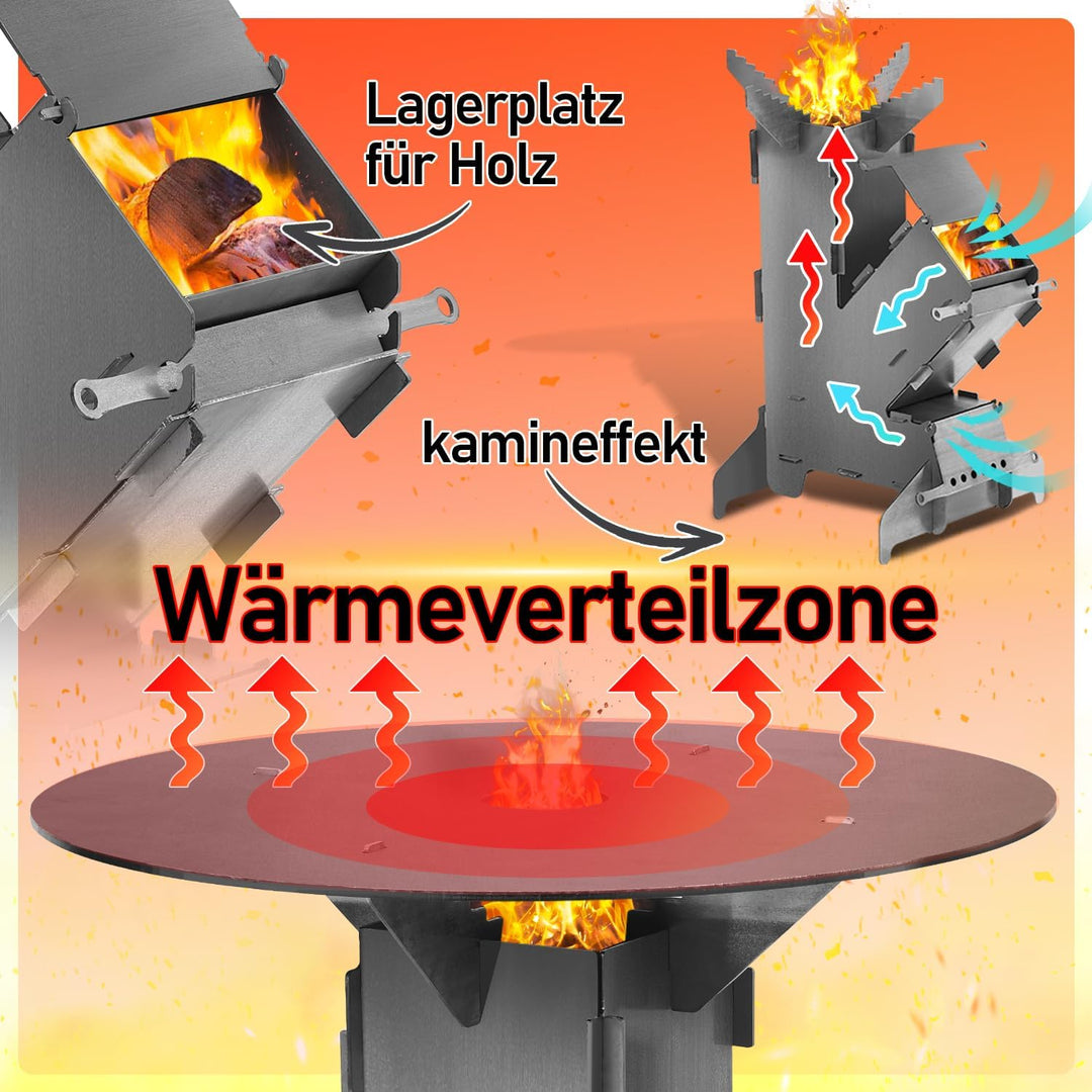 Fiqops Raketenofen Rocket Stove mit Grillplatte –Tragbarer Camping Holzofen mit Feuerhaken & Aschefa