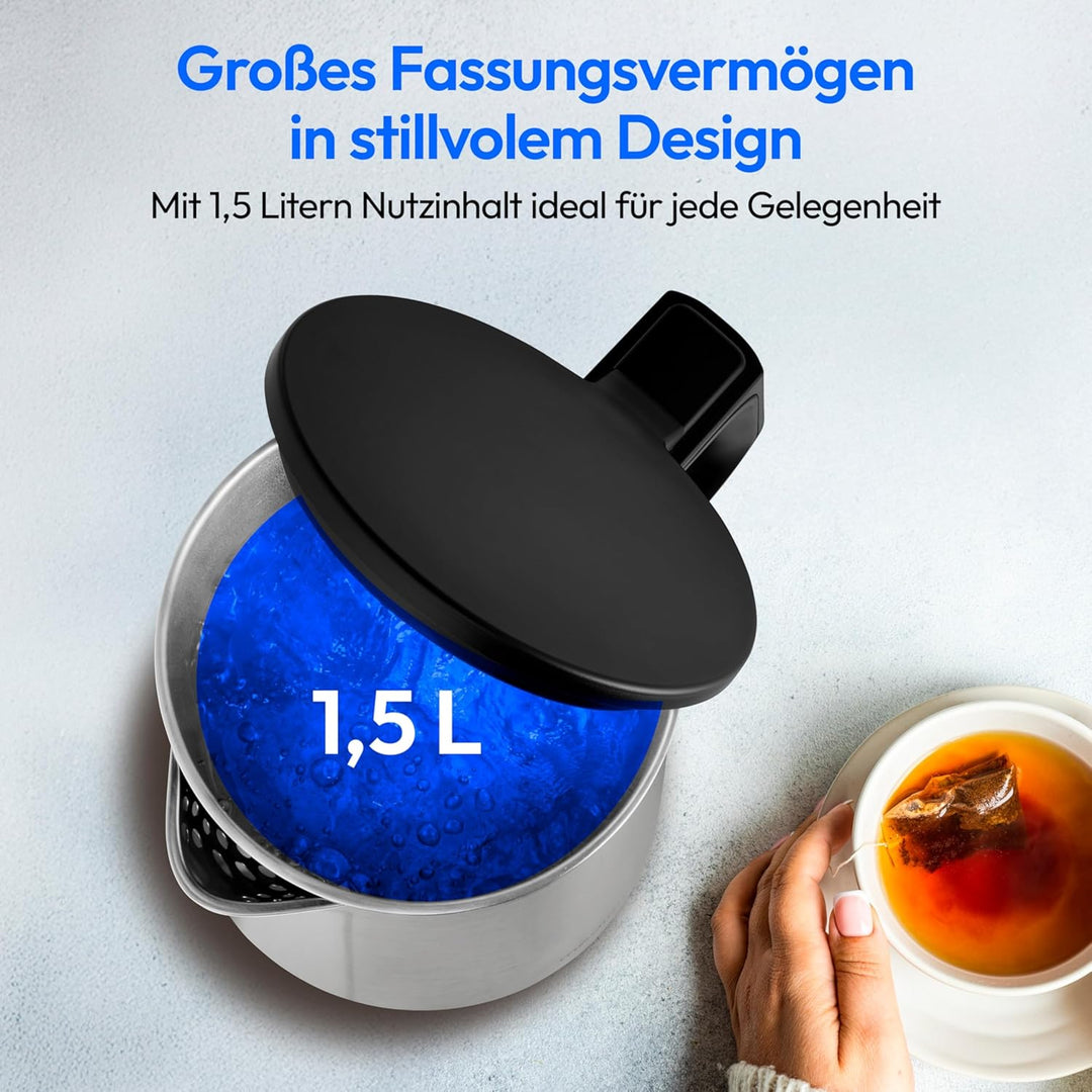 MEDION Wasserkocher Edelstahl (1,5 Liter, 2.200 Watt, 360° Basis, Warmhaltefunktion, LED Betriebsanz