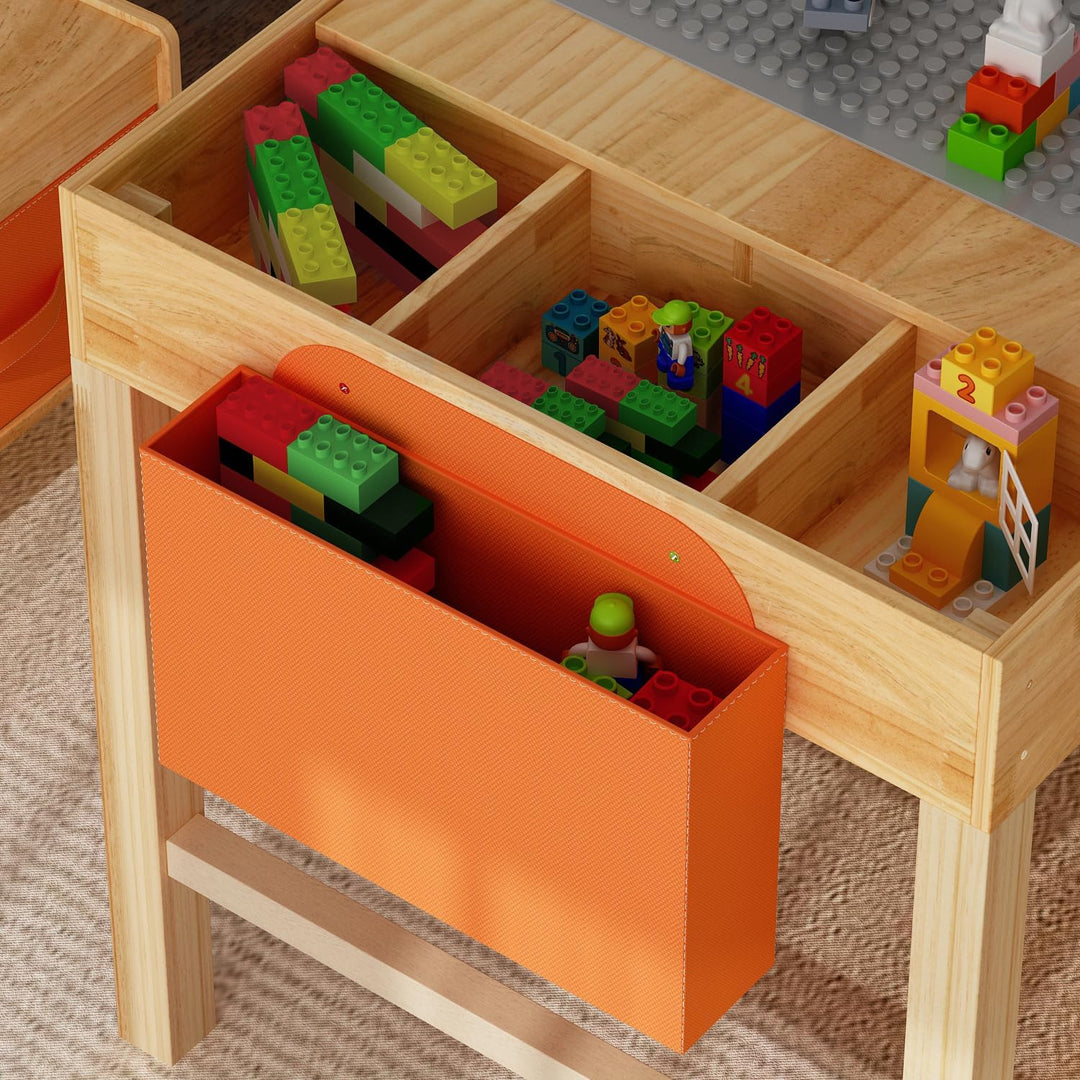 Kindertisch mit 2 Stühlen – Bausteine-Tisch aus Naturholz, Spieltisch mit Schublade & Stofftasche, H
