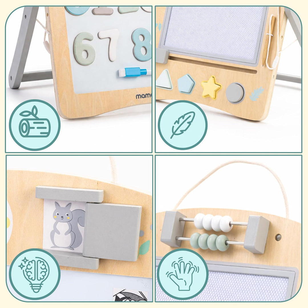 Mamabrum Holz-Lerntafel 2in1 für Kinder, Doppelseitige Magnettafel mit Formensorter, Abakus und Uhr