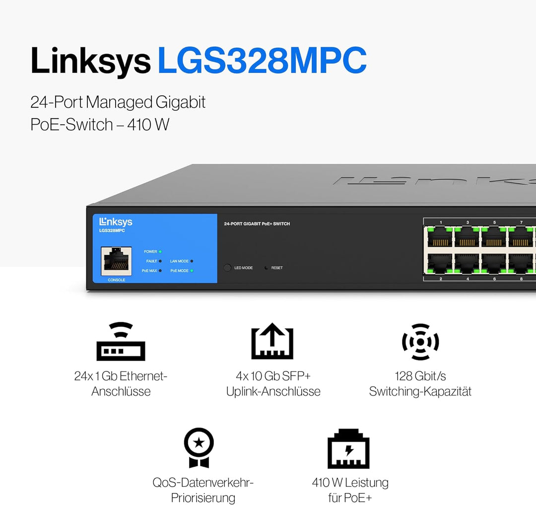 Linksys LGS328MPC-EU 24-Port Gigabit-Netzwerk-PoE+-Switch, 410 W, 4 10G-Uplink-SFP+-Steckplätze – Sm