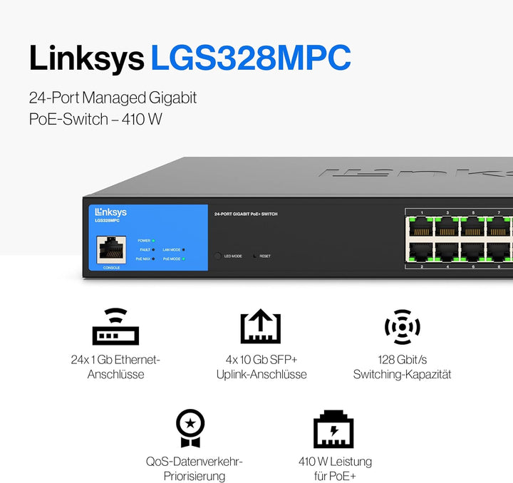 Linksys LGS328MPC-EU 24-Port Gigabit-Netzwerk-PoE+-Switch, 410 W, 4 10G-Uplink-SFP+-Steckplätze – Sm