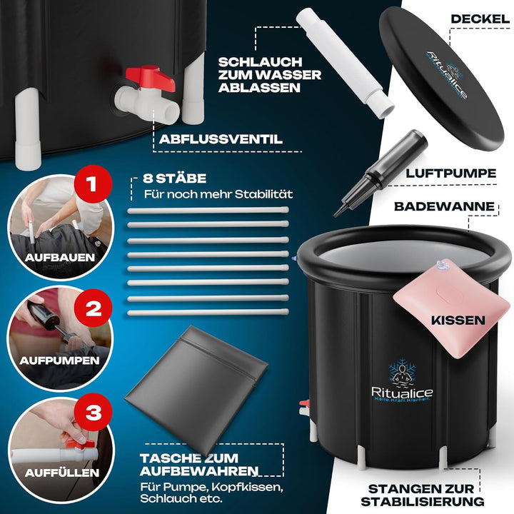 Ritualice® Premium Eisbad XL (80 cm Ø) - Eistonne Set mit Deckel und Stoffbezug - Eisbaden ideal für