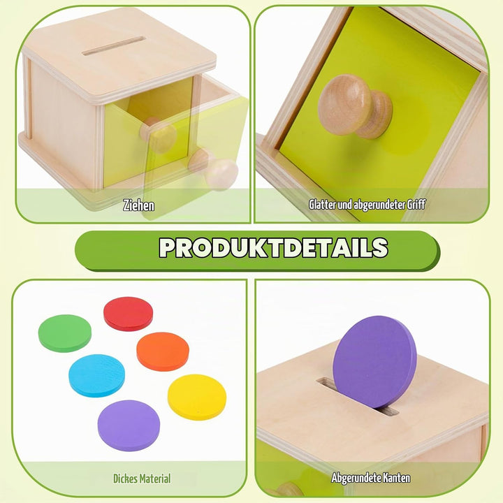 Adena Montessori Spielzeug ab 1 Jahr, Gelb-Grüner Tür Coin Box, Montessori Object Permanence Box Spi