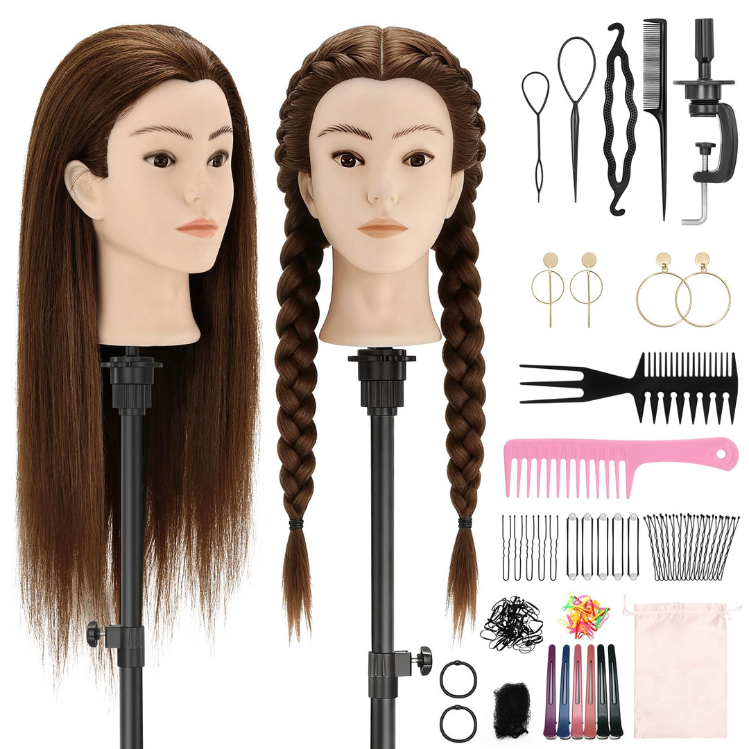 TwoWin Friseurkopf Echthaar mit Ohrlöchern, 60 cm (24 Zoll) 80% Haaren Mannequin Frisierkopf, Traini
