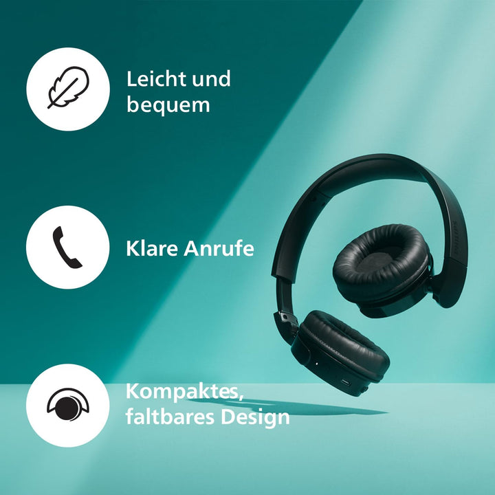 PHILIPS TAH4209BK Leichter ohraufliegender kabelloser Bluetooth-Kopfhörer mit passiver Geräuschisoli