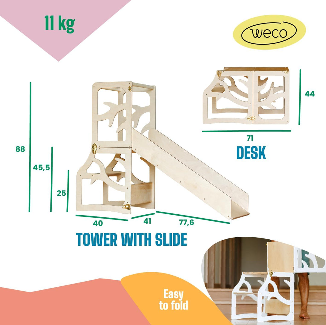 Weco Kinder-Lernturm 3 in 1 mit Rutsche weisser Tritthocker Schreibtisch Rutsche Montessori Möbel Kü