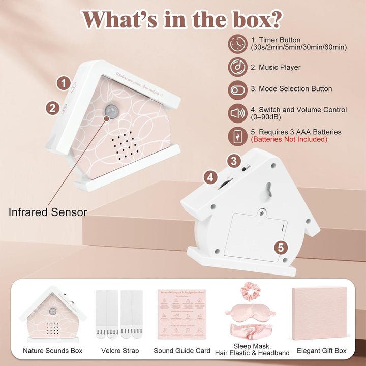 Vogelgezwitscher Box mit Bewegungsmelder & Licht, 12 Naturgeräuschen, Rosa Herz-Haus Design, inkl. S