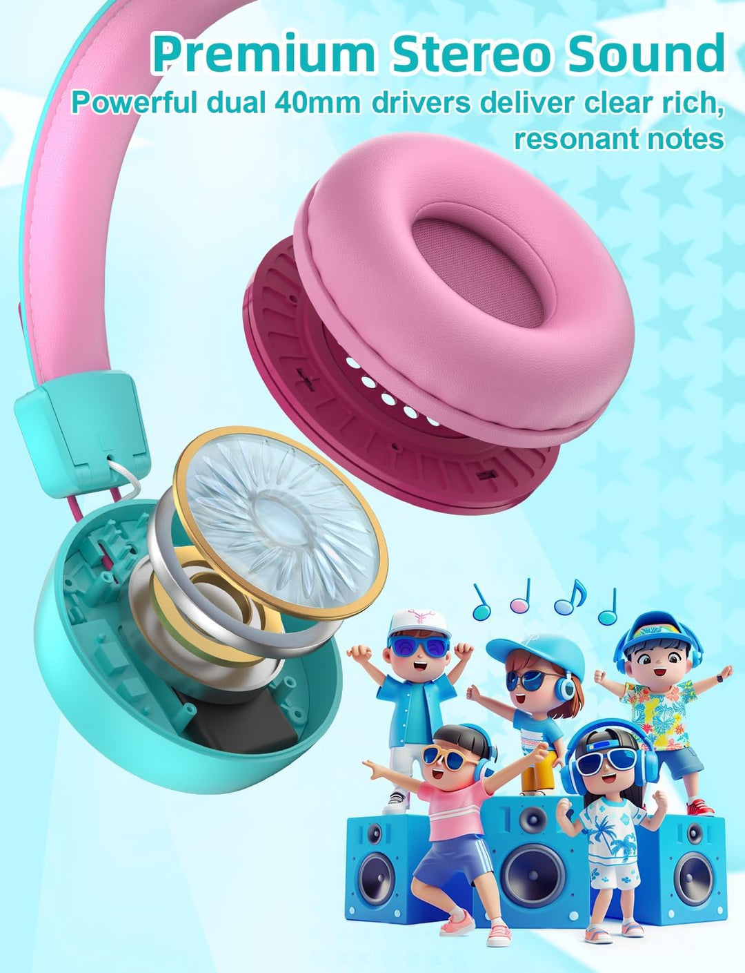 riyo Bluetooth Kopfhörer Kinder, Kinderkopfhörer Kabellos mit LED-Leuchten Bluetooth 5.0 Kinder Kopf