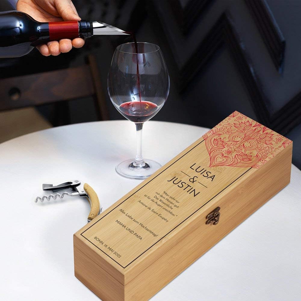 Maverton Weinbox für 0,7L Weinflasche - Wein Holzbox personalisiert + 4er Weinzubehör - Weinset Wein