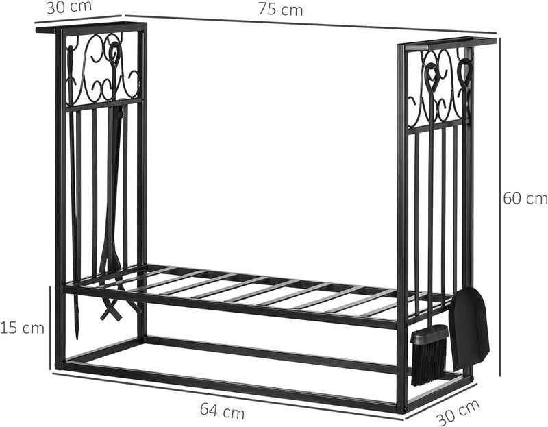 HOMCOM Kaminholzständer mit Kaminbesteck, Brennholzregal, Feuerholzablage, Kaminwerkzeug, Stahl Schw
