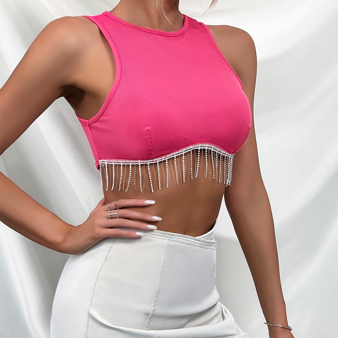 Niamo Damen Strass Quaste Crop Top Sexy Ärmellos Rundhals Tank Tops Weste Racerback Strick Cami Blou