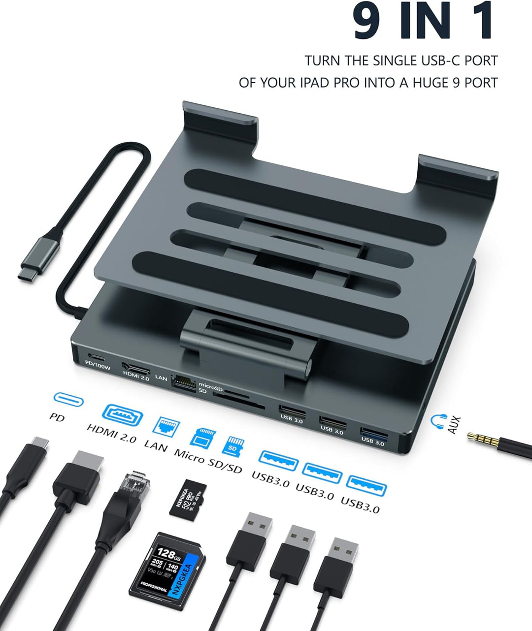 iPad Pro USB C Hub Stand, 9 in 1 Adapter for iPad Air M5 M3 M4 13 12.9 Inch Docking Station 4K 60Hz