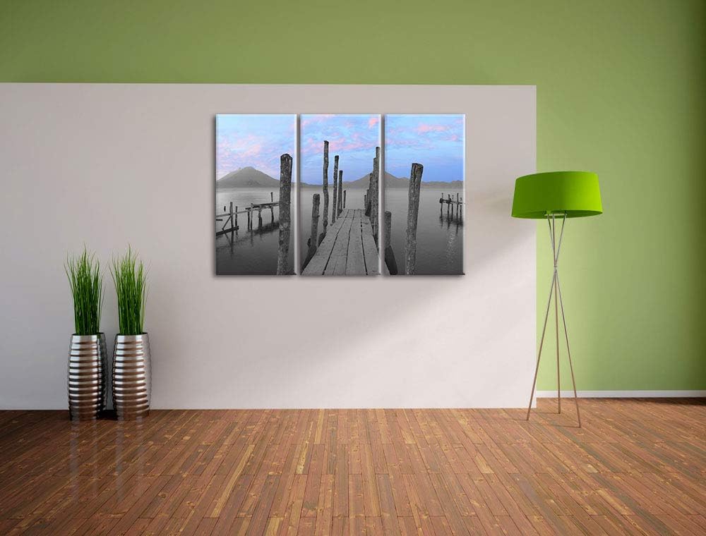 verschiedene Holzstege am Seeufer schwarz/weiss 3-Teiler Leinwandbild 120x80 Bild auf Leinwand, XXL