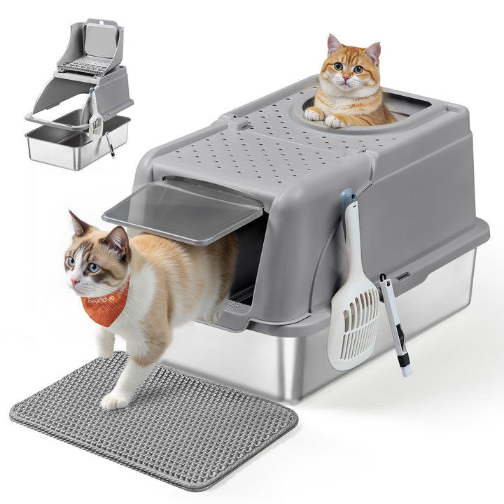 Feandrea Katzenklo Edelstahl, XL, Katzentoilette mit Deckel, mit Schaufel, Bürste und 2 Eingängen, f