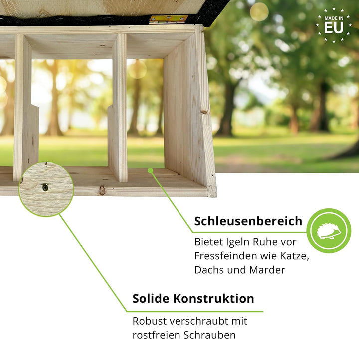 GARTENETAGE Igel-Futterhaus aus Holz mit Rattenklappen &amp; 2er Schalen-Set – Wetterfeste Futterstation