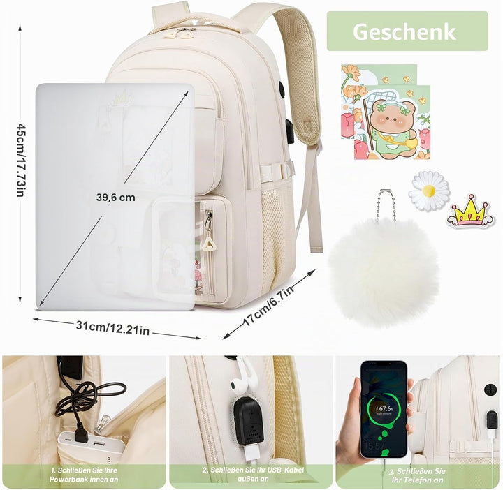 Rucksack Laptop Damen 15,6 Zoll Schulrucksack Mädchen Teenager Schultasche Frauen für Schule Uni Rei