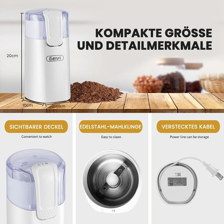 Gevi Kaffeemühle, schnelles Mahlen, einstellbarer Mahlgrad, Bohnenmesser aus Edelstahl, Sicherheitsa