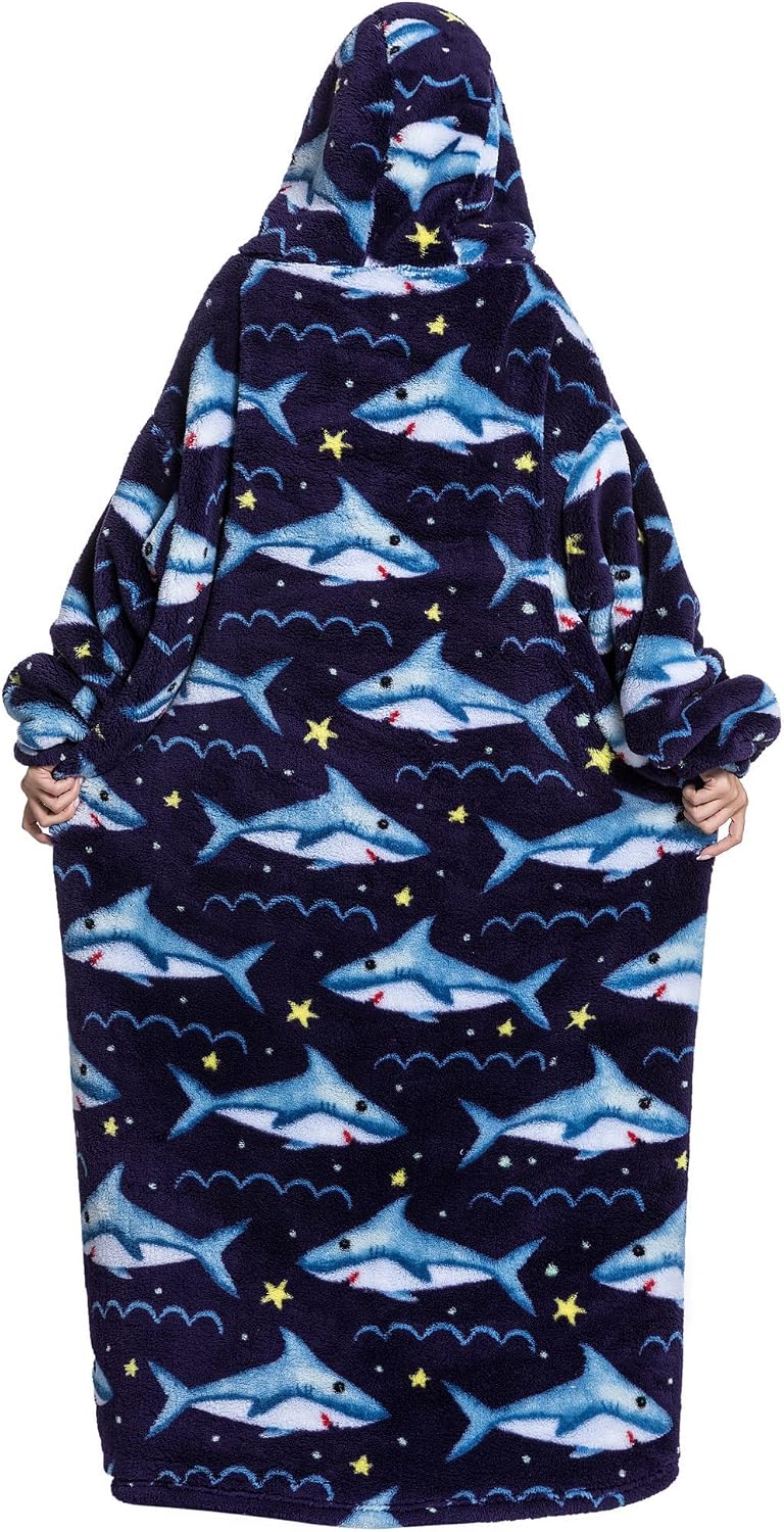 Hoodie Decke Extra Lang mit Kapuze und Tasche für Damen Herren Hai 2, Hai 2