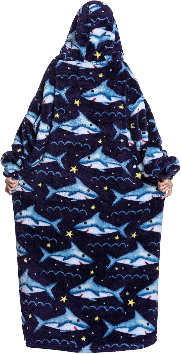 Hoodie Decke Extra Lang mit Kapuze und Tasche für Damen Herren Hai 2, Hai 2