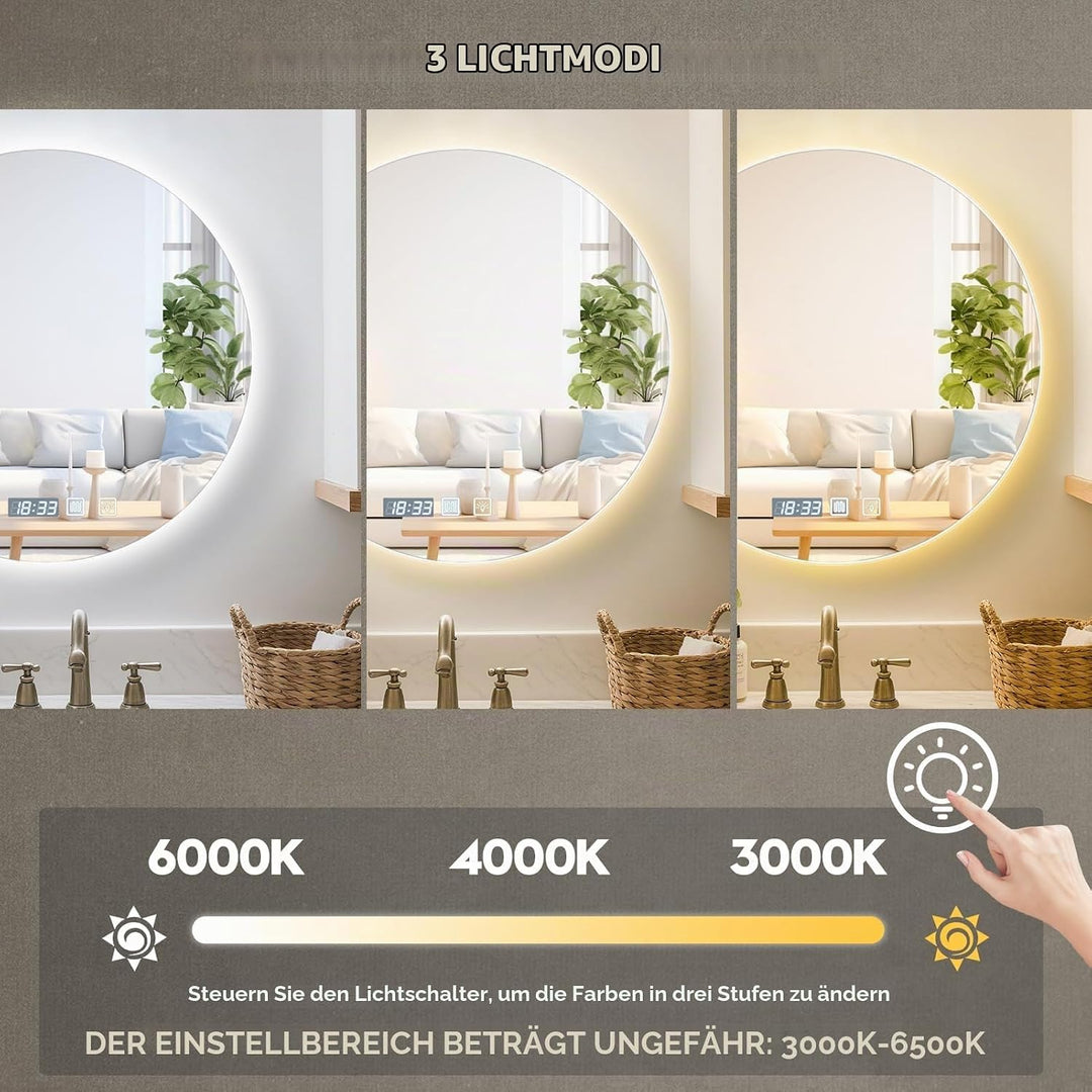 Viugreum Runder Spiegel mit Beleuchtung, 60cm Badspiegel Mit Beleuchtung, Led Spiegel Bad, Badezimme