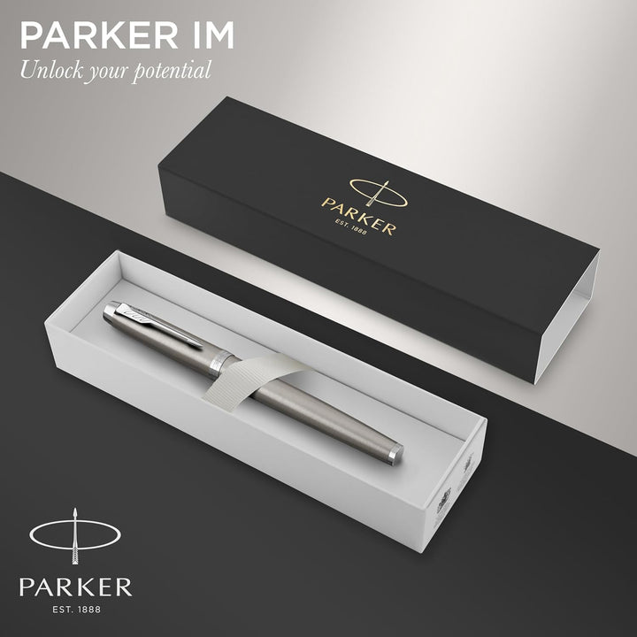 Parker IM Füller | Edelstahl mit Chrom-Zierteilen | Füllfederhalter mit mittlerer Feder und blauer T