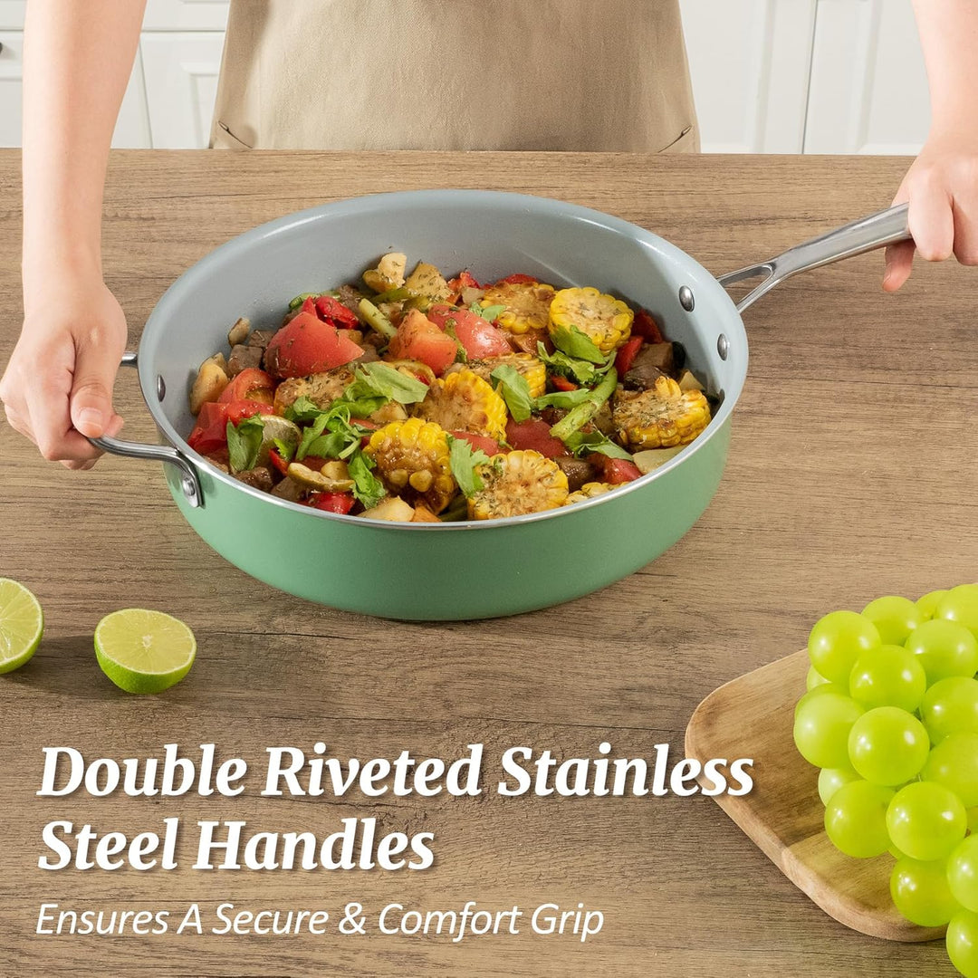 Bratpfanne 30cm Antihaft-Keramikpfanne 4.73L Tiefpfanne mit Edelstahlgriff und Deckel, Kochgeschirr