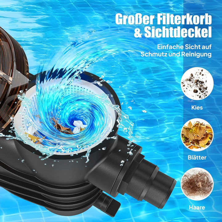LEADZM Poolpumpe 13000 l/h, energieeffiziente Filterpumpe (550 W) für Pools bis 37.000 l, Förderhöhe