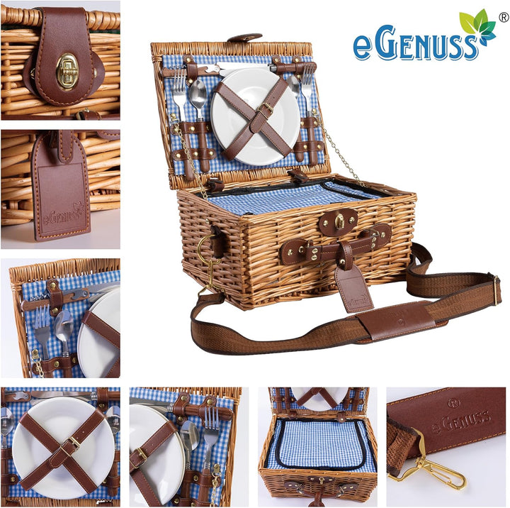 eGenuss 2er-Set handgefertigtes Picknickkorb für 2 Personen mit abnehmbarem Schultergurt, Kühlfach,