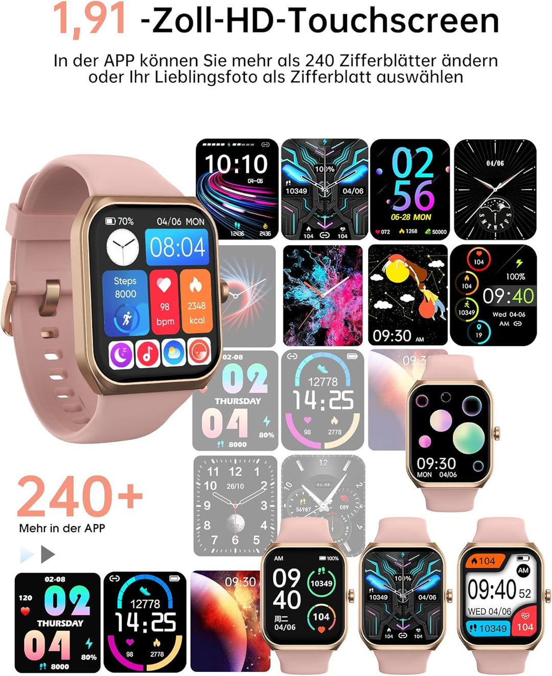 Smartwatch Damen mit Telefonfunktion - 1.91" Smart Watch IP68 Wasserdicht, 24h Herzfrequenz, SpO2, S