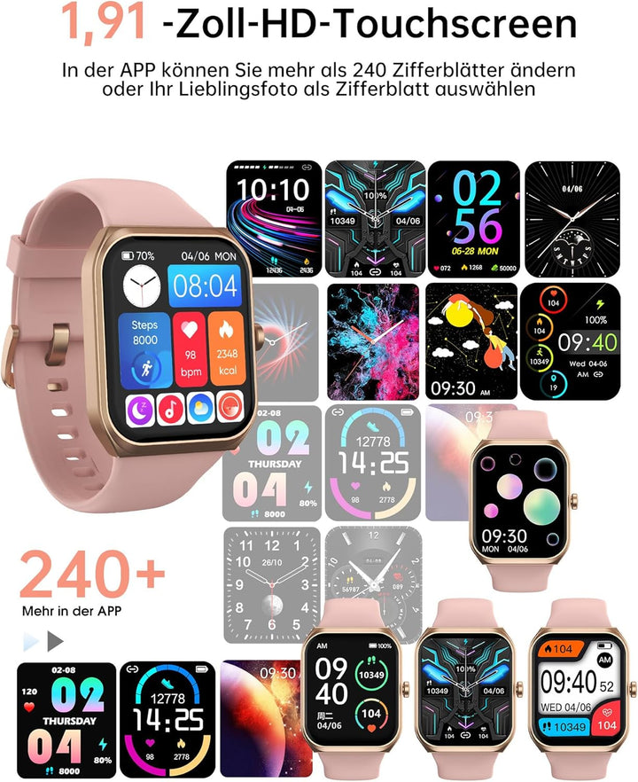 Smartwatch Damen mit Telefonfunktion - 1.91" Smart Watch IP68 Wasserdicht, 24h Herzfrequenz, SpO2, S