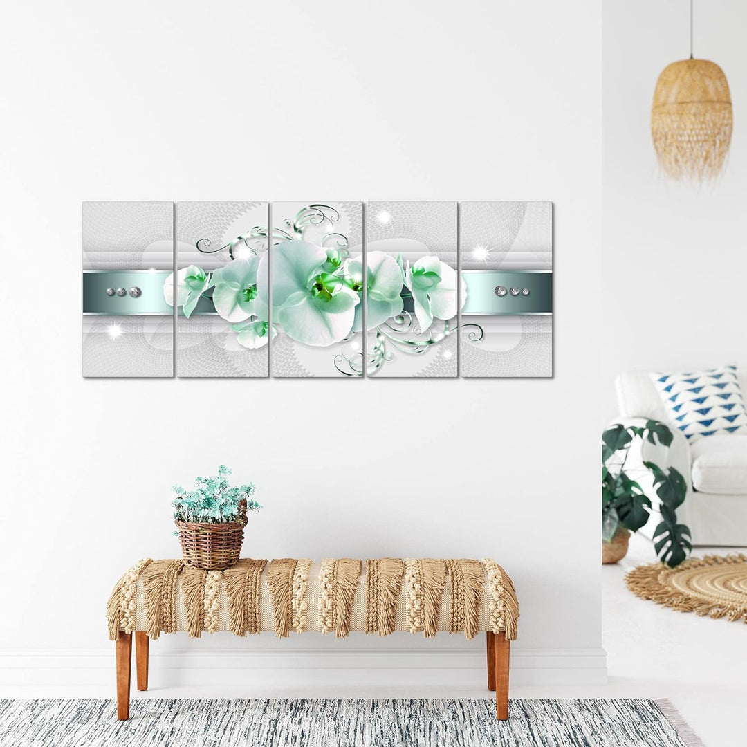 Runa Art Wandbild XXL Blumen Orchidee Wohnzimmer Schlafzimmer 200 x 80 cm Grau Grün 5 Teilig - Made