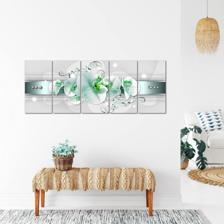 Runa Art Wandbild XXL Blumen Orchidee Wohnzimmer Schlafzimmer 200 x 80 cm Grau Grün 5 Teilig - Made