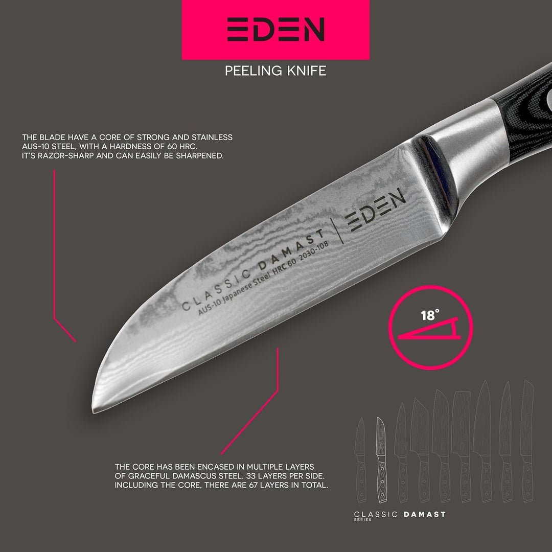 Eden Classic Damast Schälmesser 9 cm Küchenmesser EQ2030-108 Scharfes Schälmesser für Gemüse und Frü