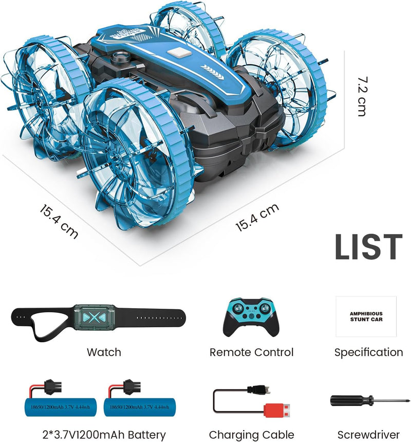 Tecnock Amphibisches Ferngesteuertes Auto, 4WD 360° Drehbares Gestensensor Stunt RC mit Lichtern, Bo