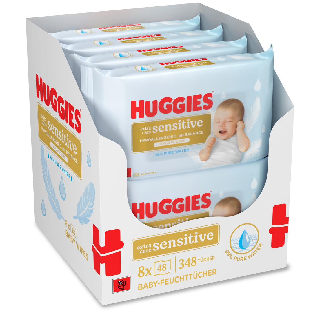 Huggies Pure Extra Care Sensitive Baby-Feuchttücher, 99 Prozent Wasser, ohne Plastik, 8er Pack (384