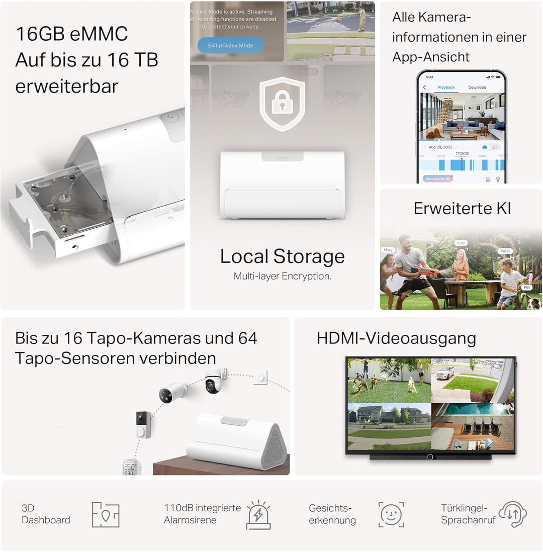 Tapo H500 HomeBase, 16GB integriert, Speicher erweiterbar auf bis zu 16TB, unterstützt 16 Tapo-Kamer