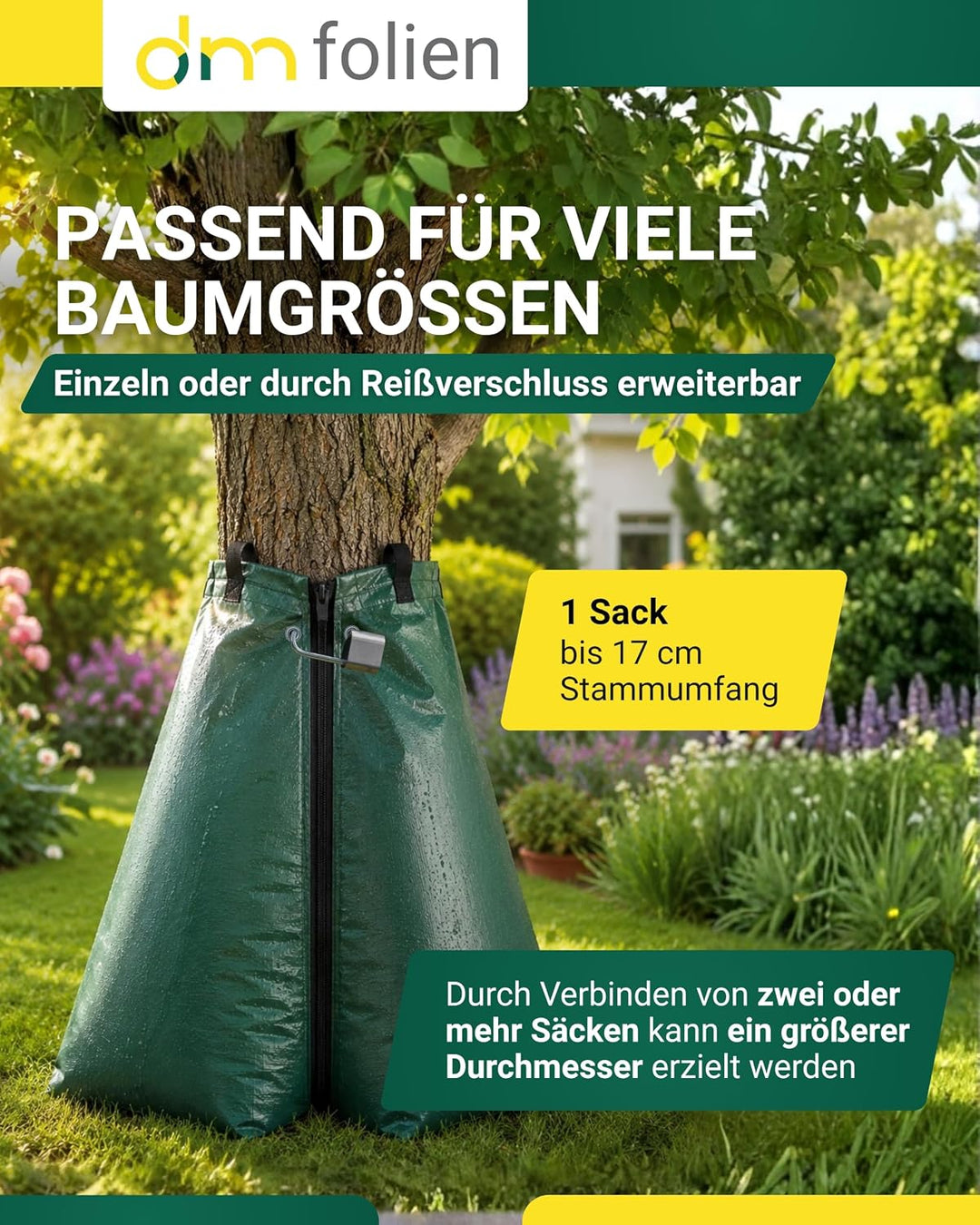 dm-folien Baumbewässerungsbeutel mit Schloss I 75 Liter I 1 Stück I Bewässerungssack aus robustem PV