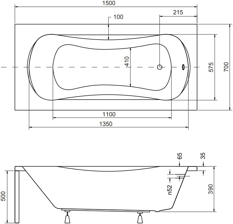 KOLMAN Badewanne ARIA Rechteck 150x70 ohne Verkleidung, Ablaufgarnitur und Füssen Komplettset 3in1 P