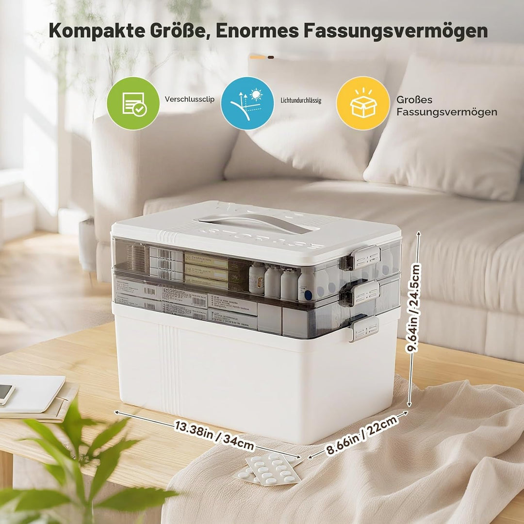 3-Tier Medikamenten Aufbewahrung Grosse - Medikamenten Organizer mit Griff - Kunststoff Hausapotheke