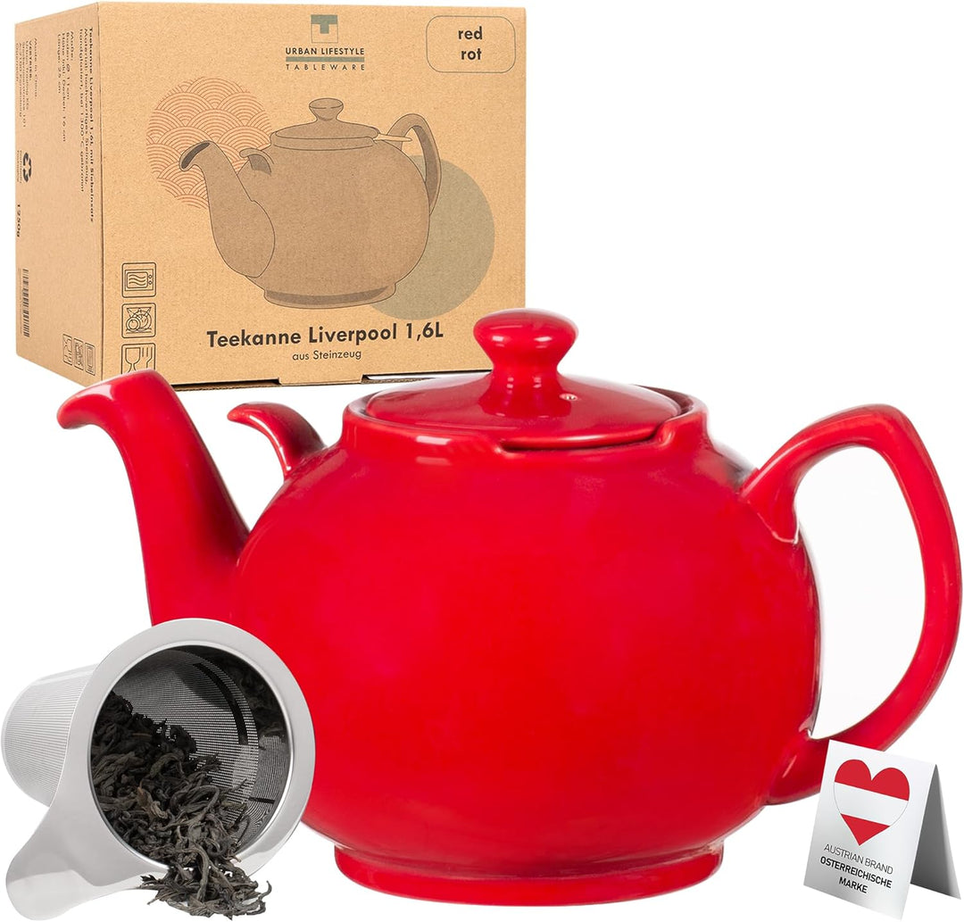 Teekanne mit Stövchen Keramik 1,6 L (Rot) Teekanne mit Edelstahl Sieb aus Keramik, Teekanne Liverpoo