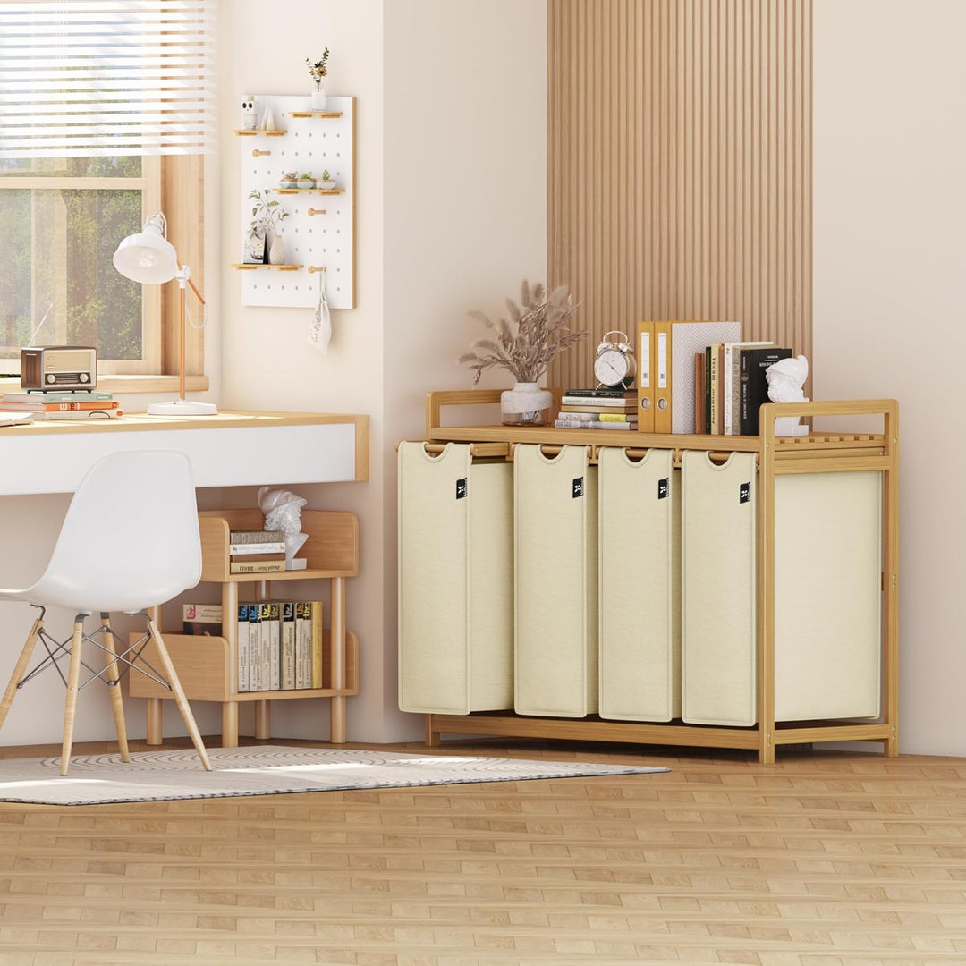AdelDream Wäschekorb 200L, 4 Fächer Wäschesammler mit Ablage, Bambusrahmen | Wäschesortierer mit 4 x