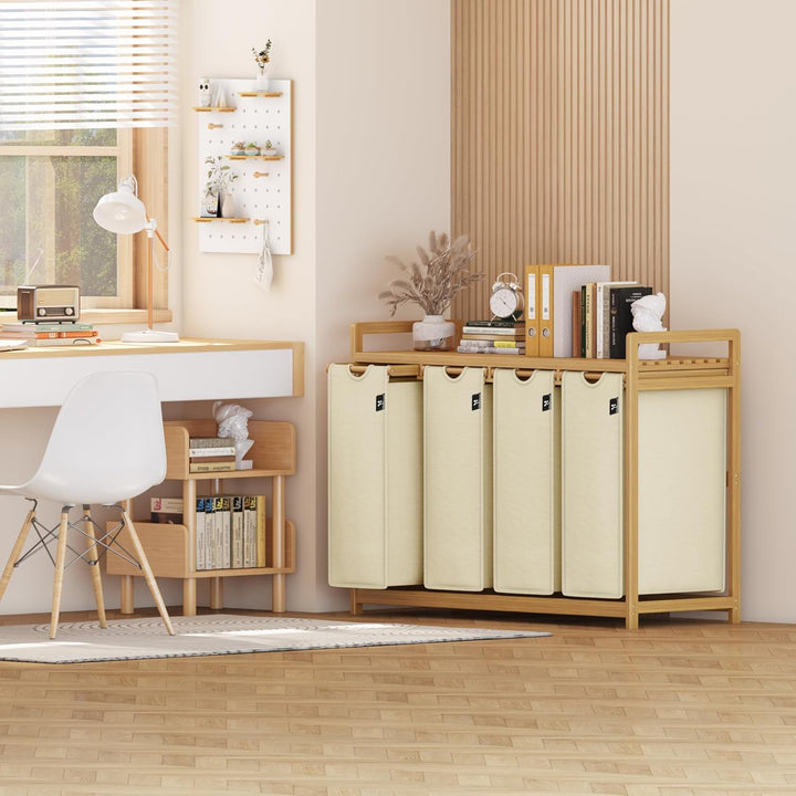 AdelDream Wäschekorb 200L, 4 Fächer Wäschesammler mit Ablage, Bambusrahmen | Wäschesortierer mit 4 x