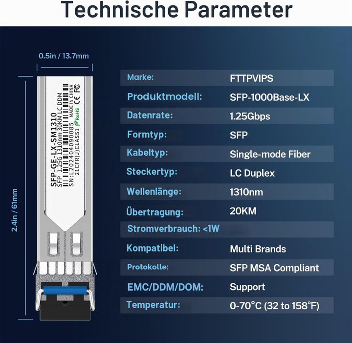 4er-Pack 1.25G SFP LC Modul 1000Base-LX Singlemode Transceiver (SMF, 1310nm, 20km, DDM) – Kompatibel