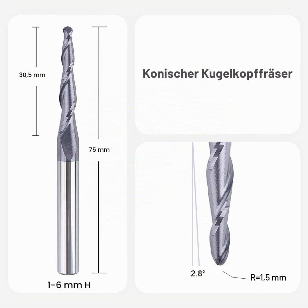 SpeTool Kugelkopffräser Konische Fräser CNC 2 Flöten 1,5 mm Radius Gravierfräser 6mm Schaft mit TiAl