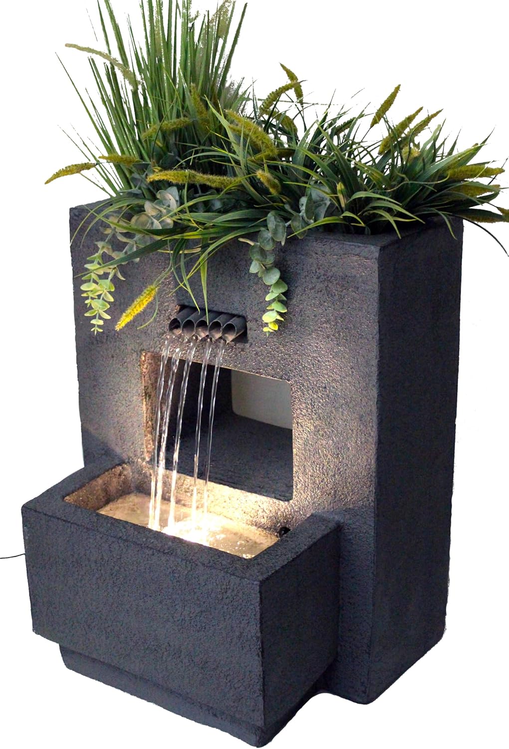 Gartenbrunnen mit Beleuchtung bepflanzbar Betonoptik 57 cm Springbrunnen Wasserspiel warmweiss Kaska